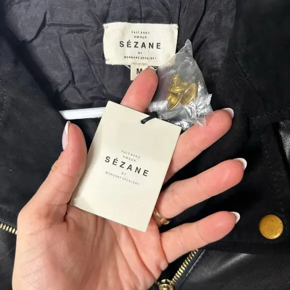 Sezane Black Leather Moto Jacket Size M Full Zip Retro Classic NWT Timeless - Picture 4 of 13